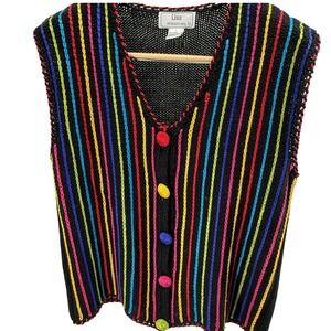 Lisa International Colorful Striped Knit Vest‎ Sleeveless Button Up Top